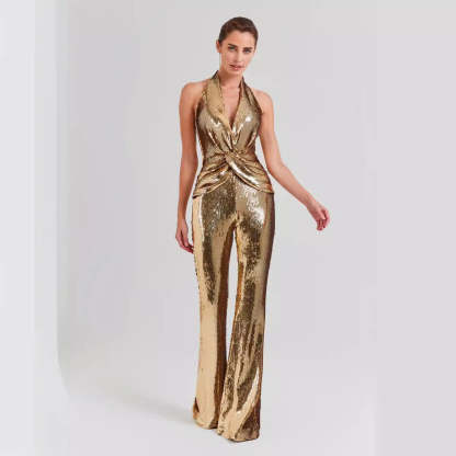 Gold Sequin Halter Jumpsuit