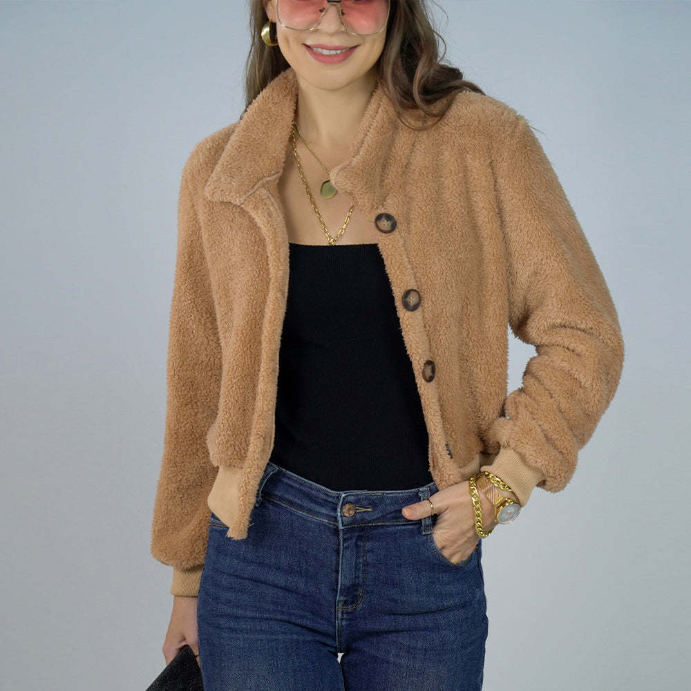 Cozy Cropped Teddy Bear Fleece Jacket