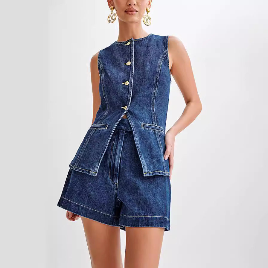 Denim Vest and Shorts Set