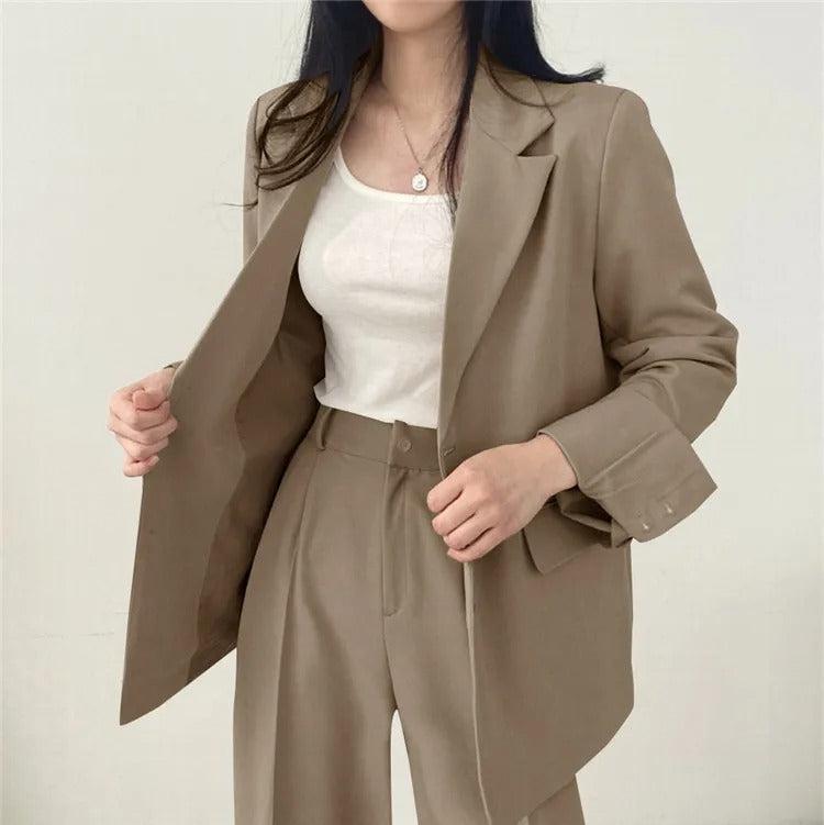Plain Blazer and Straight Fit Pants Set