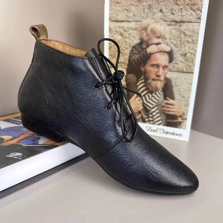 Oxfords For Women Lace Up Flat Sole Handmade Waxing Leather Ankle Boots