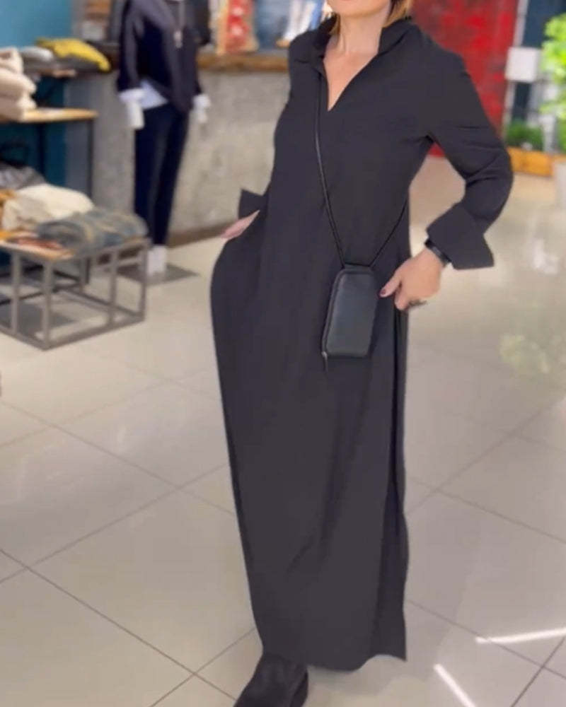 Loose Long Dress with Side Slit Lapel