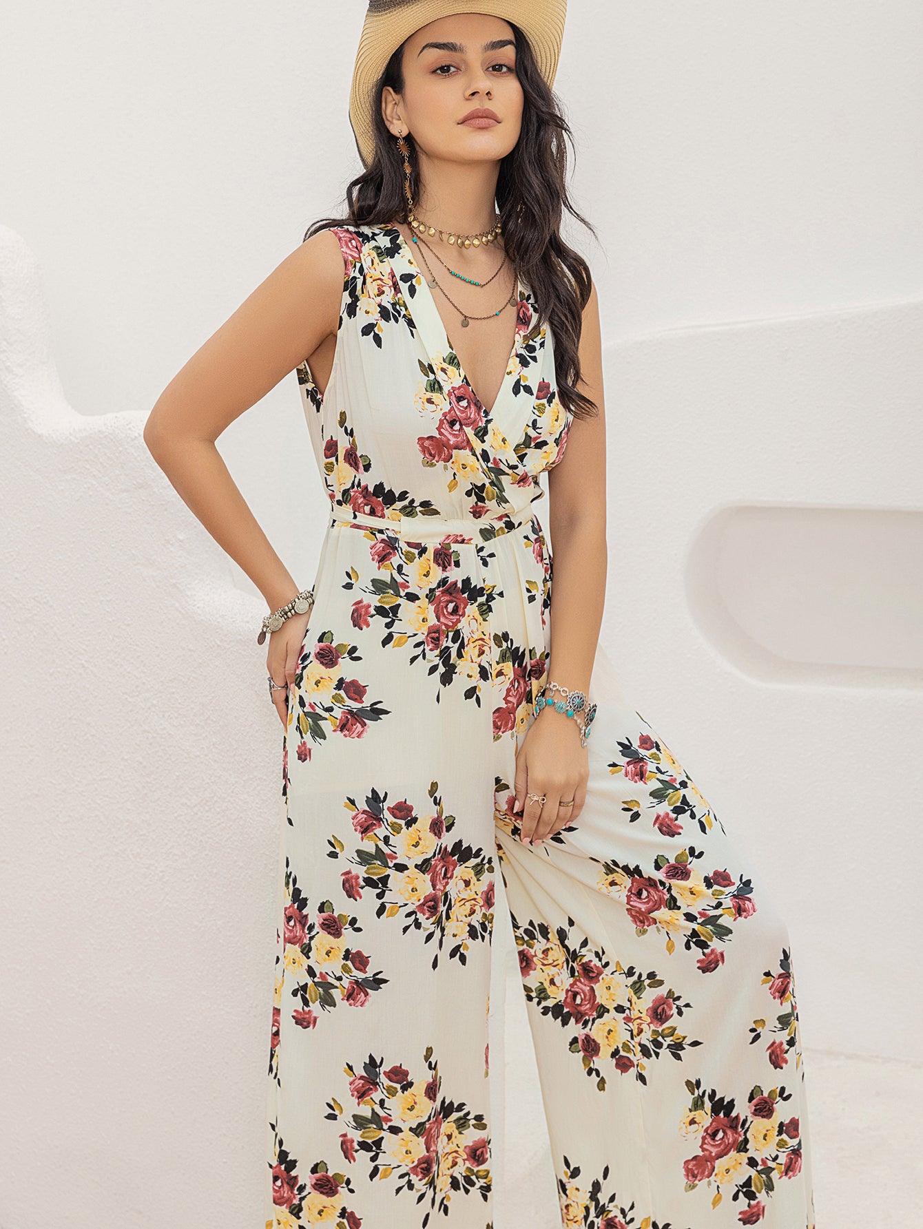 Floral Sleeve Wide-Leg Jumpsuit