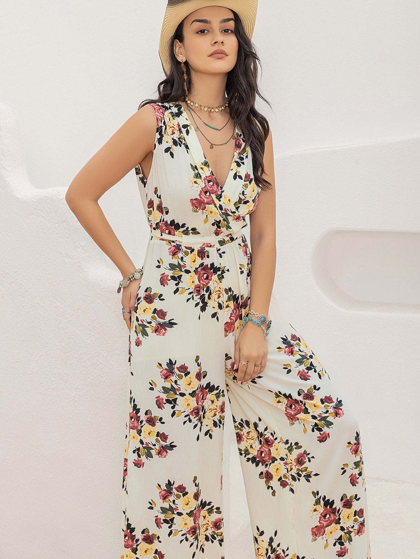 Floral Sleeve Wide-Leg Jumpsuit