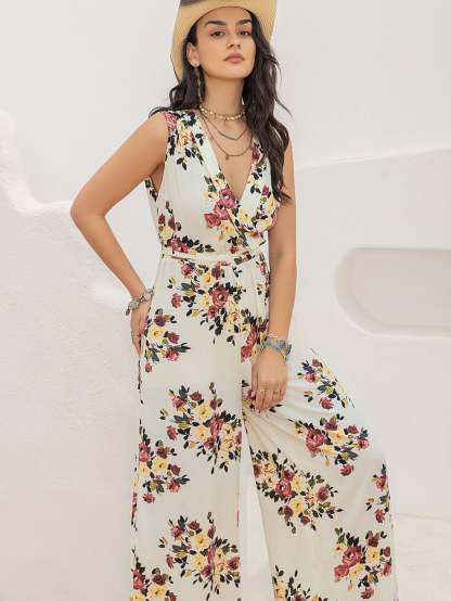Floral Sleeve Wide-Leg Jumpsuit