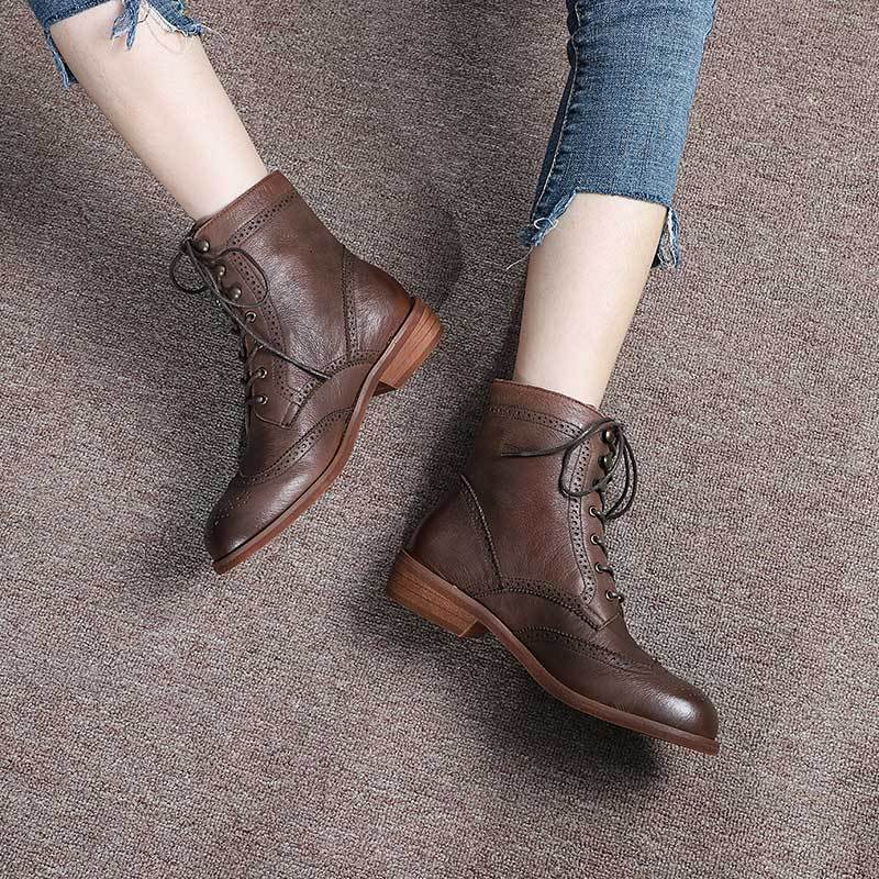 Handmade Wingtip Shoes Leather Martin Boots Block Carving Brogue Ankle