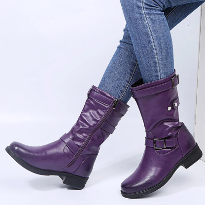 Low Heel Women's Boots with Polished Color Belt Buckle