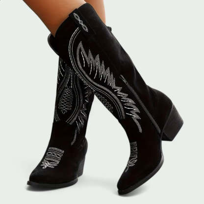 Embroidered Western Cowboy Boots with Low Heel (Women)