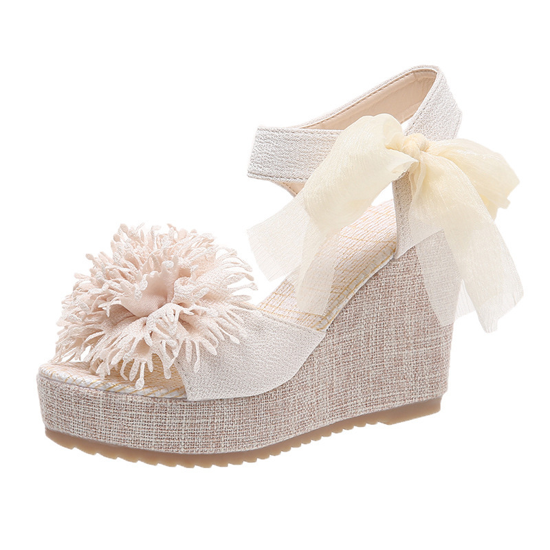 Floral Pattern Bowknot Decor Platform Wedge Sandals
