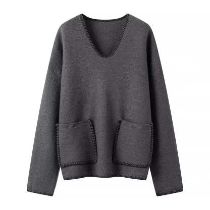 Charcoal Chic Wool-Blend V-Neck Pullover