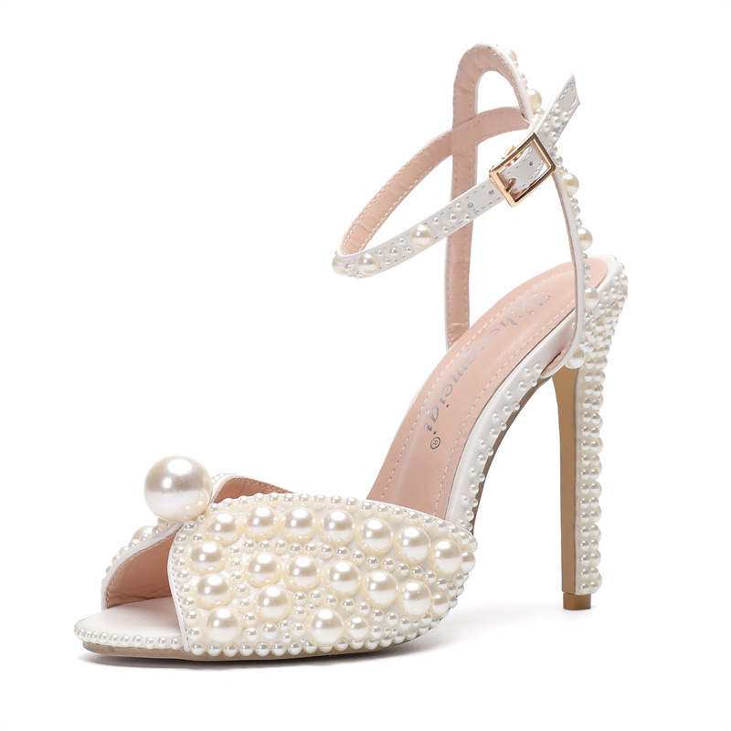 Women's Wedding Shoes Pearl Wedding Sandals Bridal Shoes Elegant Peep Toe Platform Flare Heel Shoes