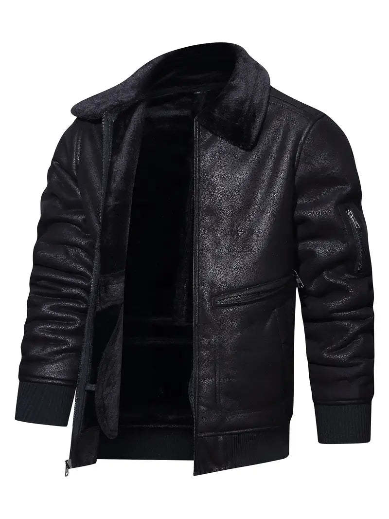Vegan Leather Jacket with Shearling Collar