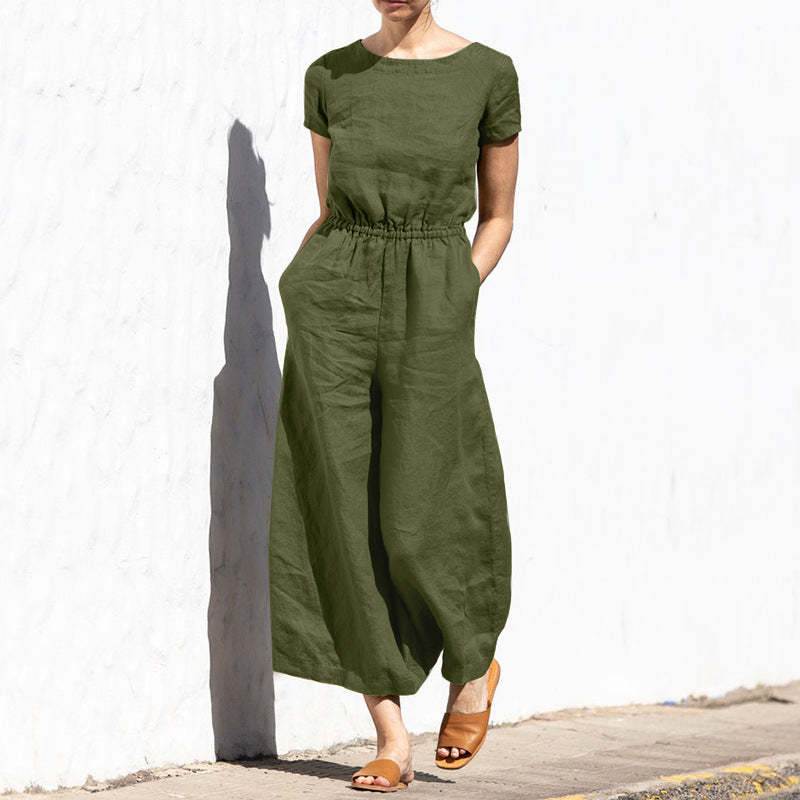 Plain Short Sleeve Linen Jumpsuit