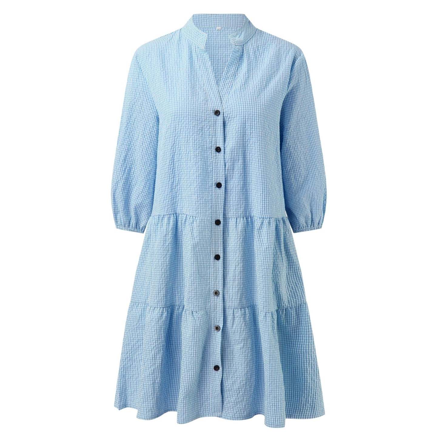 Checked Shirt Dress With Mao Collar