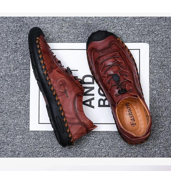 Men Hand Stitching Non Slip Elastic Lace Soft Sole Casual Leather Shoes Grounding shoes