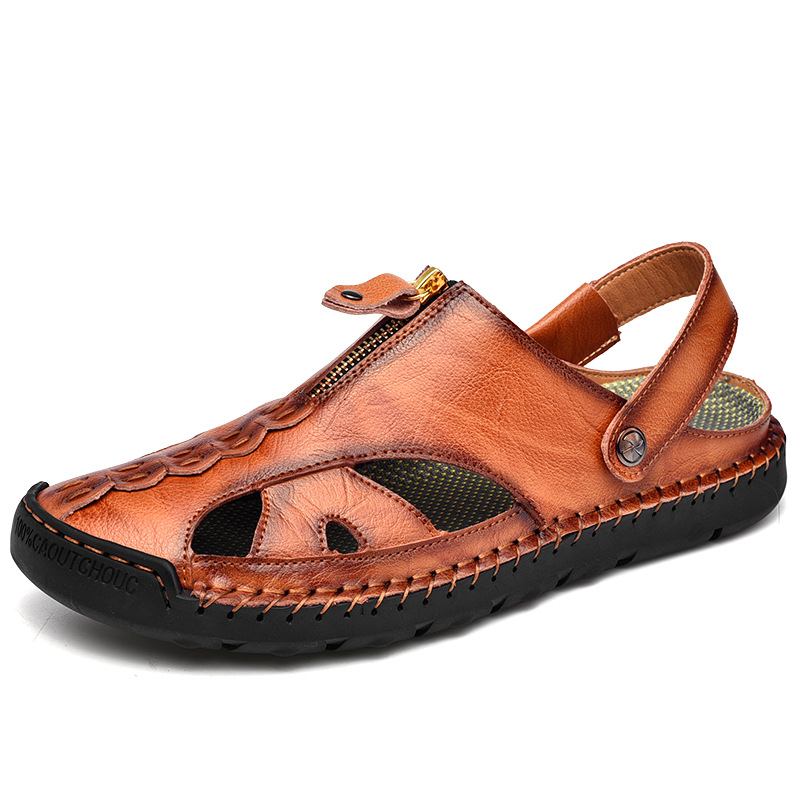 Men's Fisherman Beach Sandals Casual Closed Toe Leather Handmade Sandals Adjustable for Walking Outdoors 
