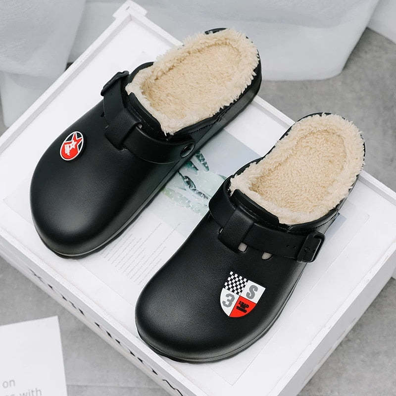 Men Fluffy Plush Slippers PU Winter Mule Clogs