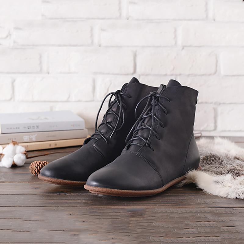 Oxfords For Women Lace Up Flat Sole Ankle Boots Handmade Waxing Leather Martin Boots Black/Brown