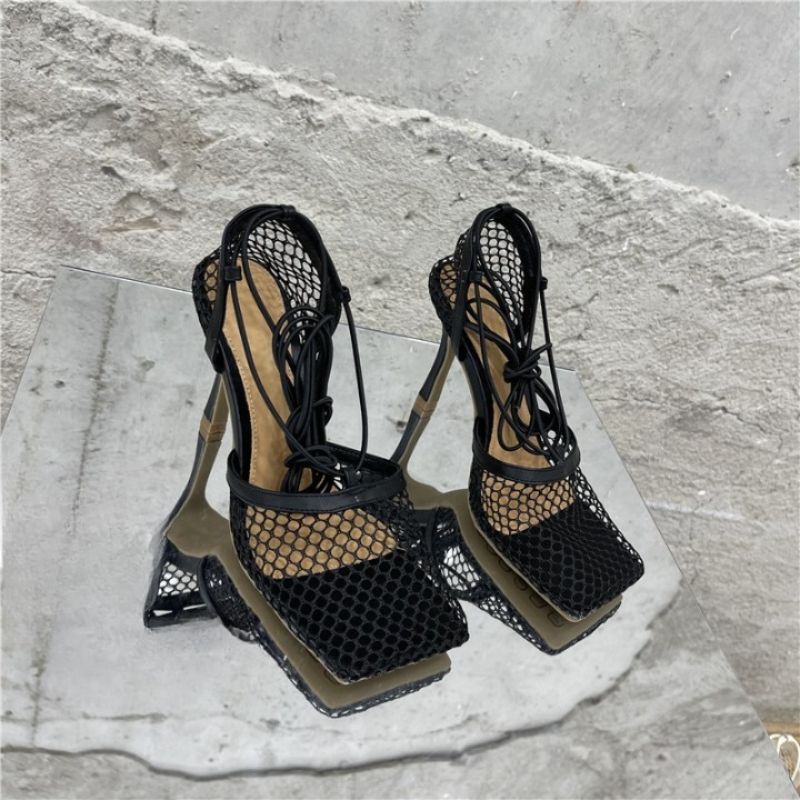 Square Toe Mesh High Heels Cross-tied Up Lace Sandals