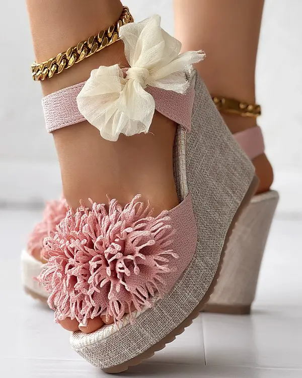 Floral Pattern Bowknot Decor Platform Wedge Sandals