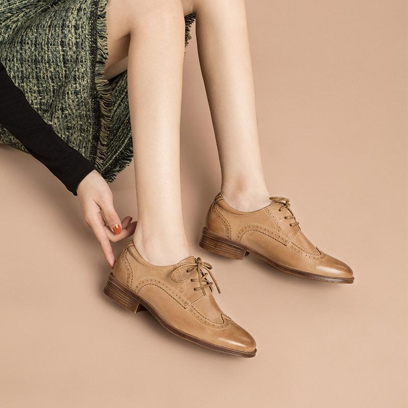 Women Wingtip Shoes Handmade Sheepskin Full Brogues Oxfords & Tie Low
