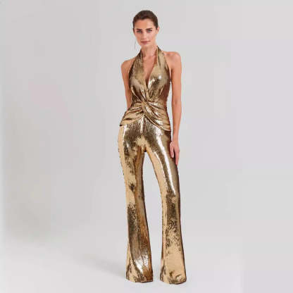 Gold Sequin Halter Jumpsuit