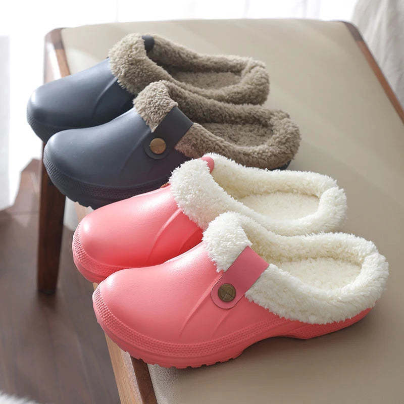 Plush Winter Slippers Women Heel Support Waterproof Slides