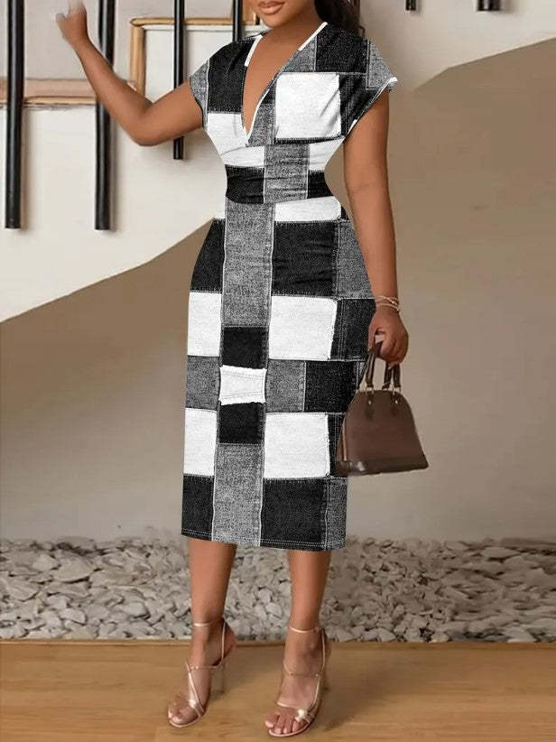Checkered V-neck Midi Dress