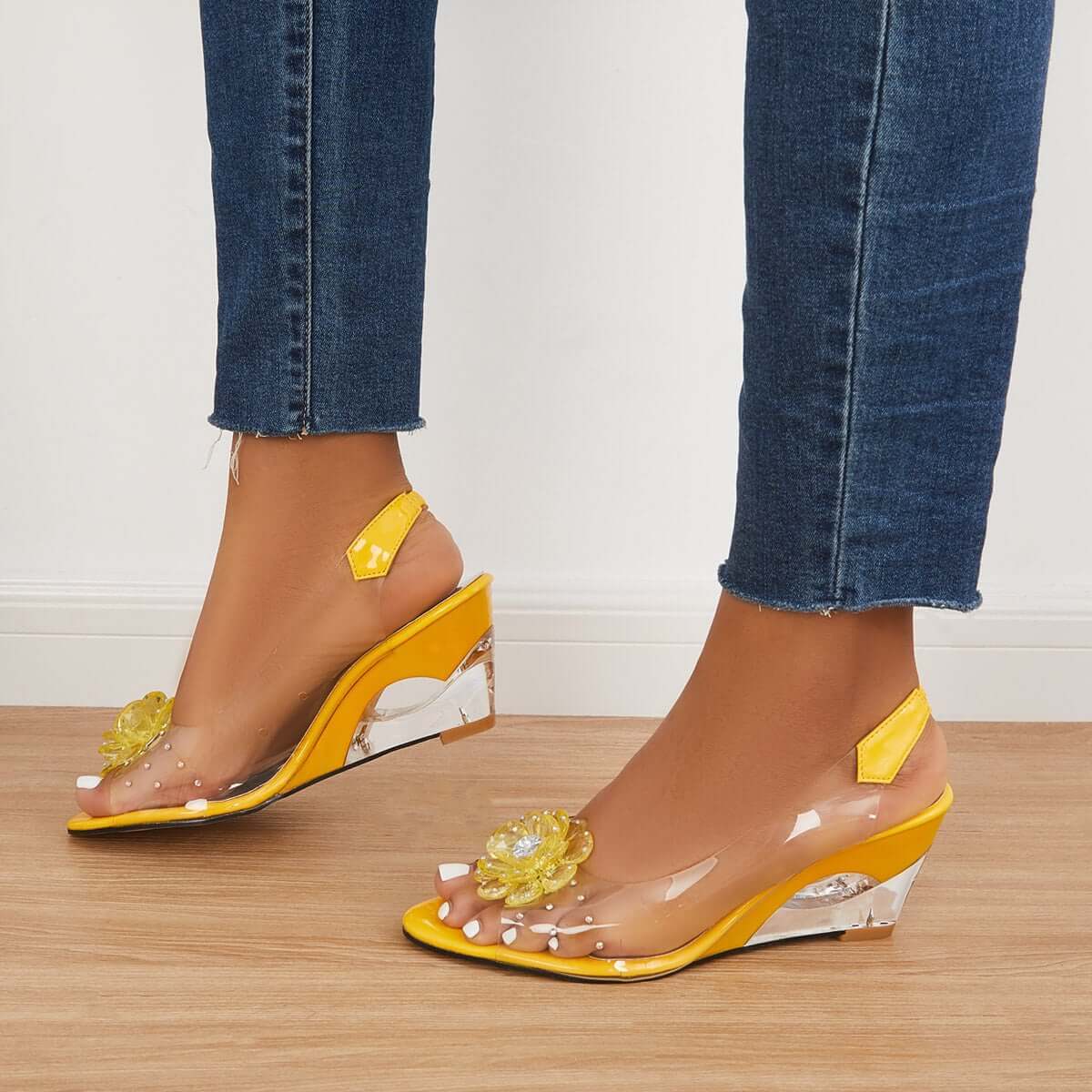 Women's Clear Flower Rhinestone Sparkly Slingback Heels Wedge Sandals