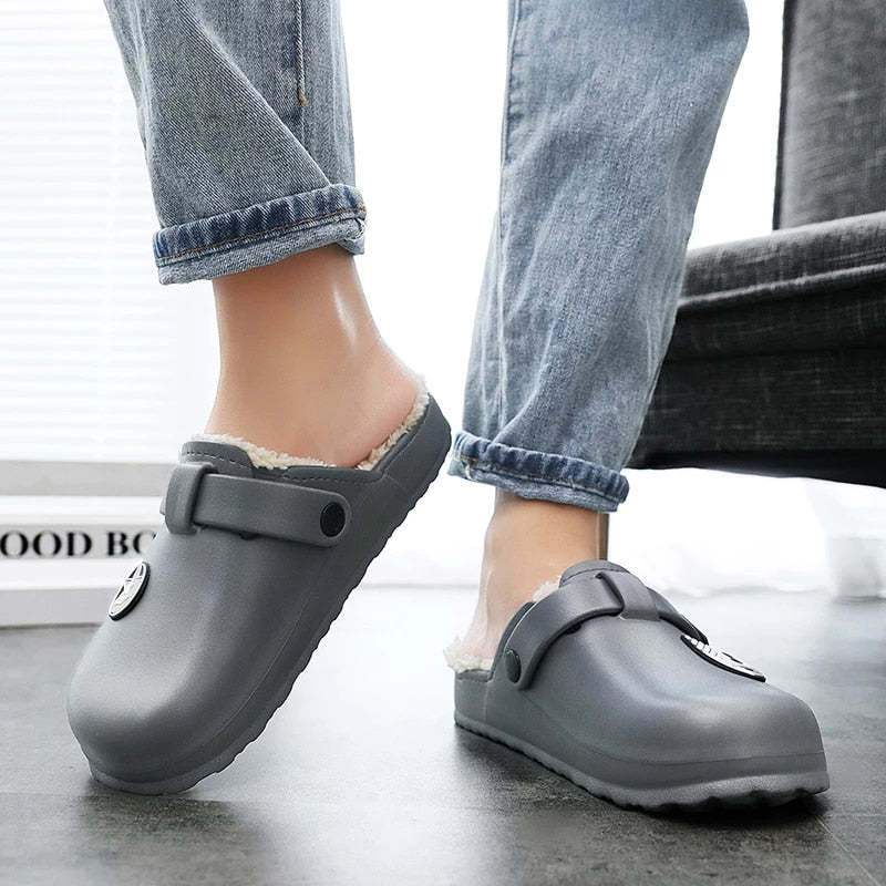 Men Fluffy Plush Slippers PU Winter Mule Clogs