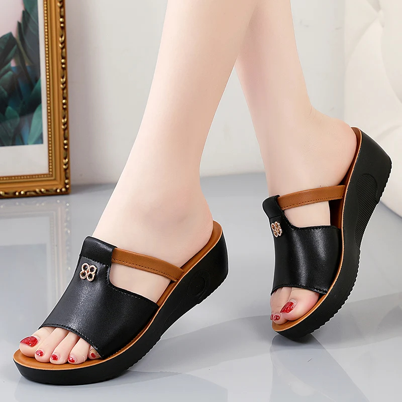 Orthopedic Open Toe Wedge Leather Sandals for Women - Casual Platform Shoes