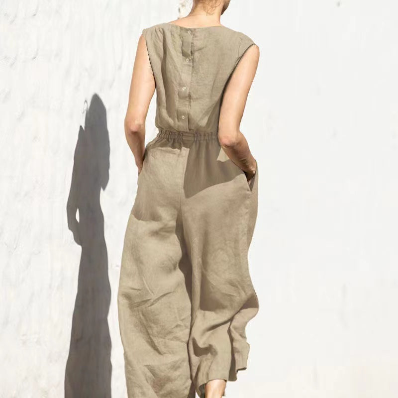 Plain Short Sleeve Linen Jumpsuit