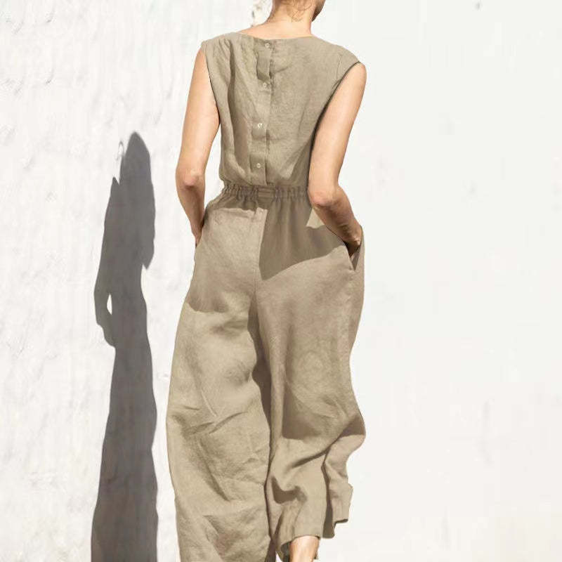 Plain Short Sleeve Linen Jumpsuit