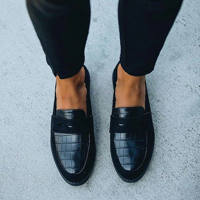 Women's Classic Block Heel Round Toe Vintage Leather Loafers