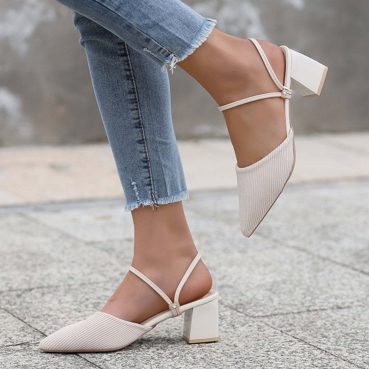 Pointed Toe Slingback Pumps Mary Jane Block Heel Mules Shoes