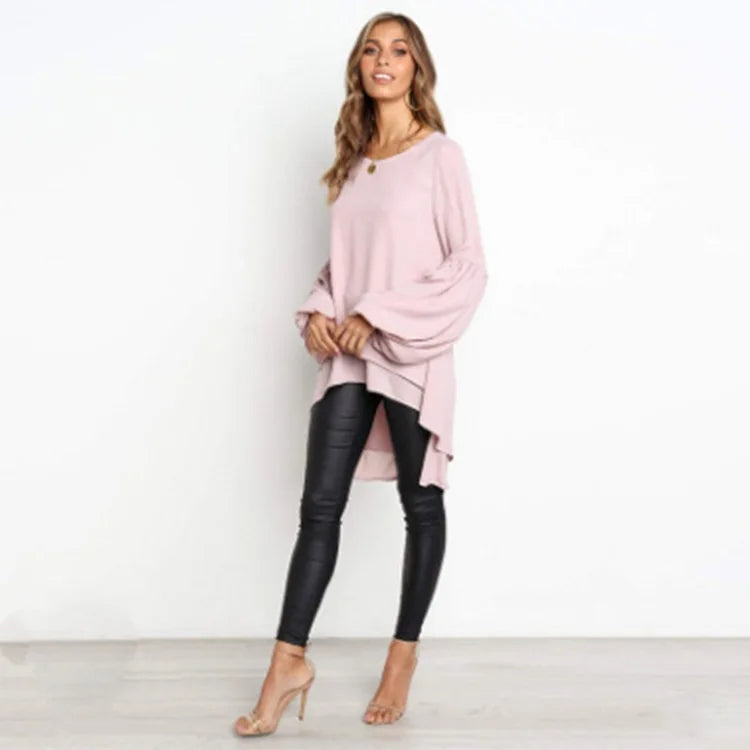 Asymmetrical Lantern Sleeve Round Neck Blouse