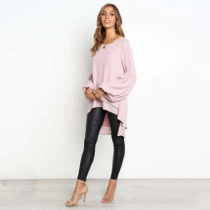 Asymmetrical Lantern Sleeve Round Neck Blouse