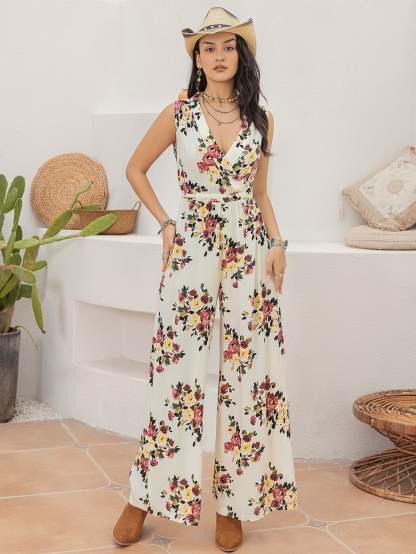 Floral Sleeve Wide-Leg Jumpsuit