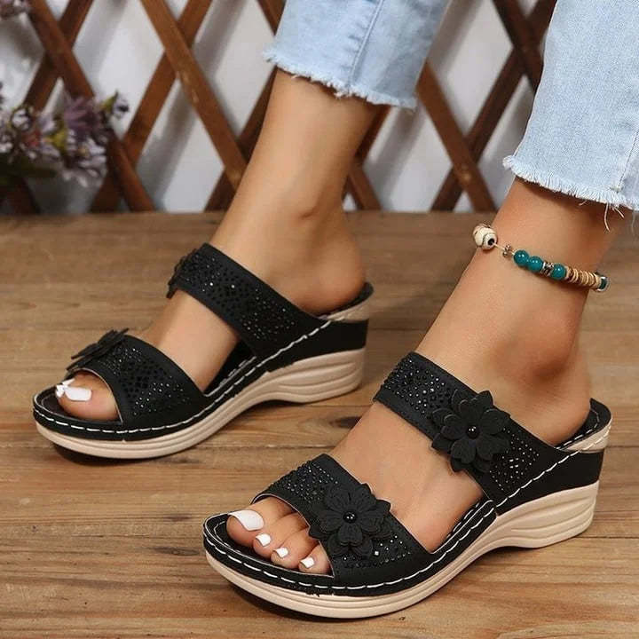 Zealbonn™ Floral Leather Wedge Platform Orthopedic Sandals