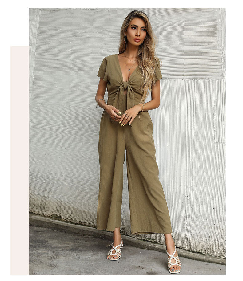Olive Knot Front Wide-Leg Jumpsuit