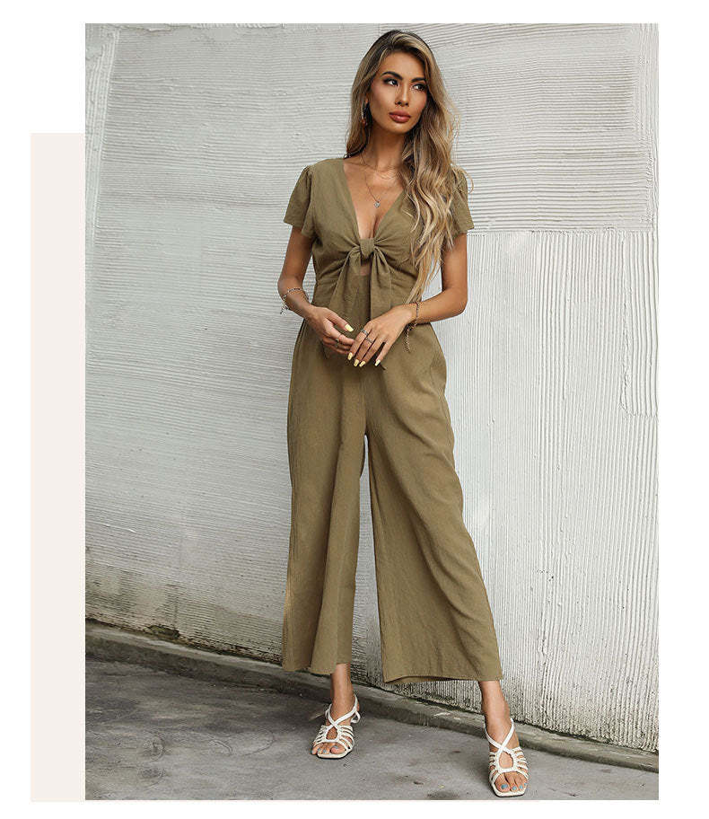 Olive Knot Front Wide-Leg Jumpsuit