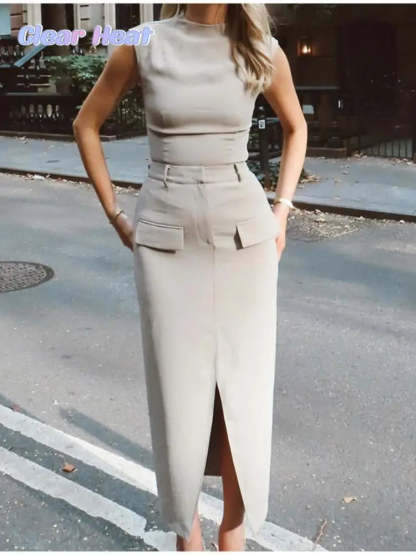 Two-Piece Midi Dress Set with Pocket Detail