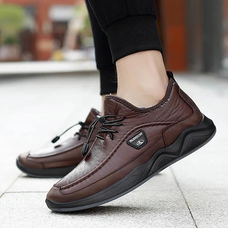Men's Plush Lining Warm Elastic Lace Non Slip Casual Leather Shoes