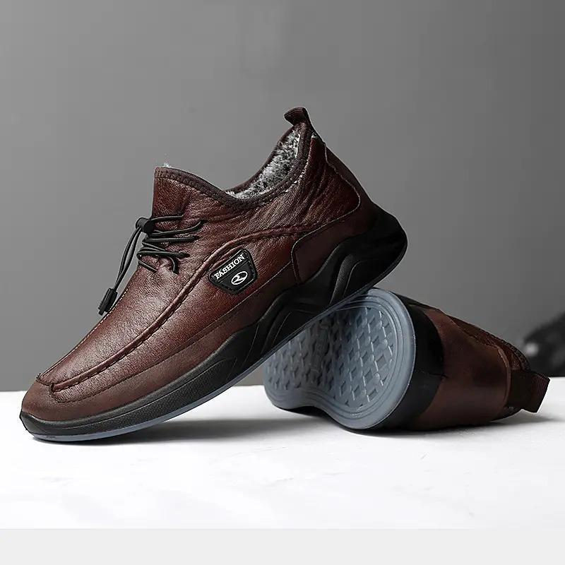 Men's Plush Lining Warm Elastic Lace Non Slip Casual Leather Shoes