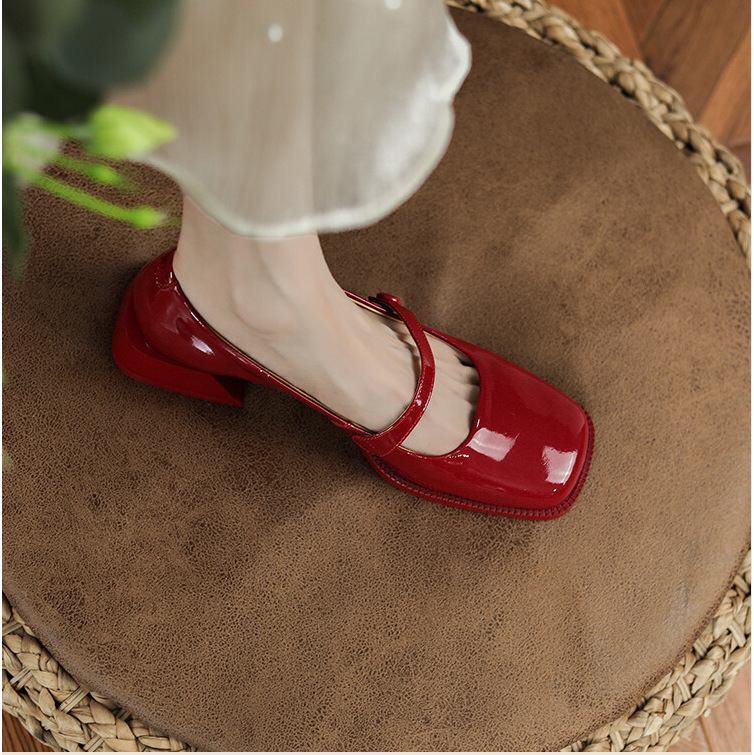 Handmade Patent Leather Mary Jane Pumps Block Heel Office Shoes