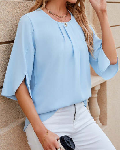 Pleated Neckline Half-Sleeve Blouse