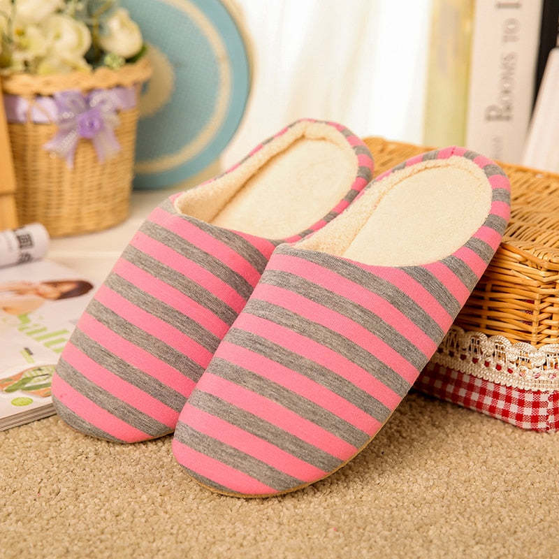 Women Warm Indoor Slippers Fur Striped Winter Slides
