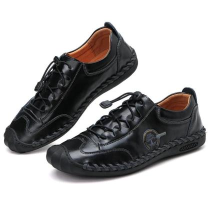 Men Hand Stitching Non Slip Elastic Lace Soft Sole Casual Leather Shoes Grounding shoes