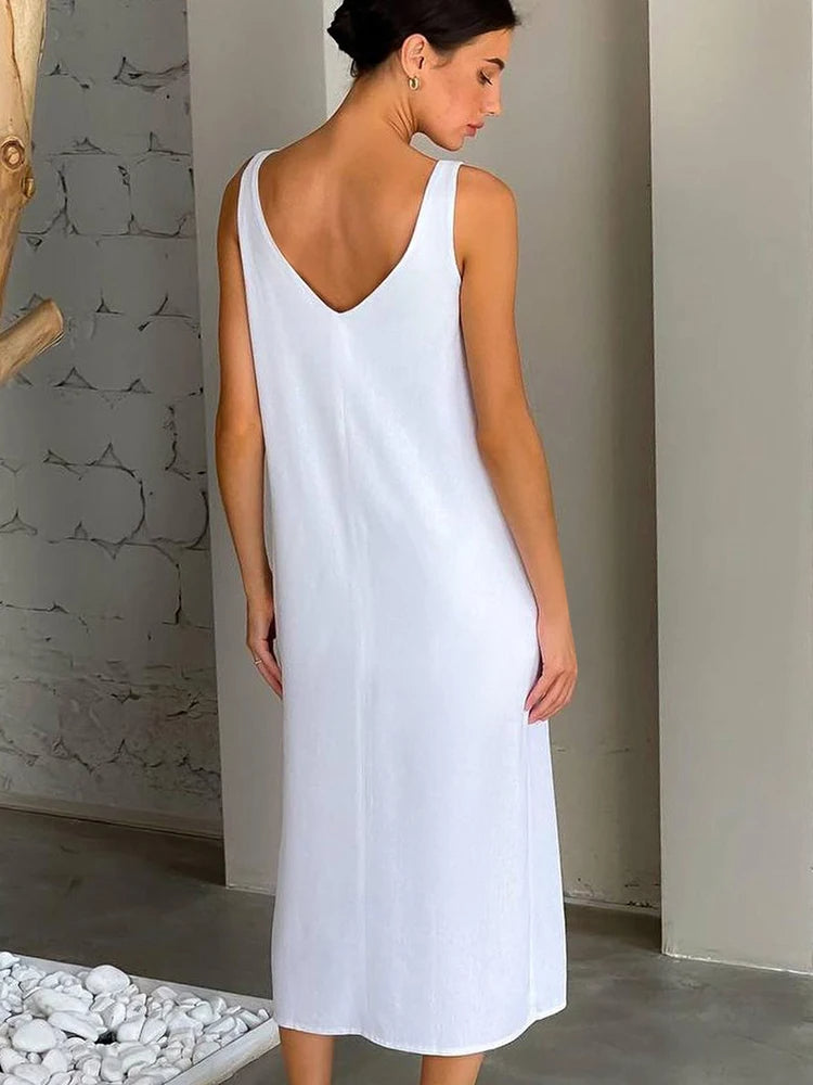  Linen Split Midi Dress