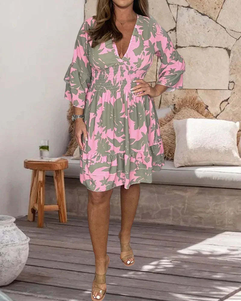 V-Neck Floral Pink Dress